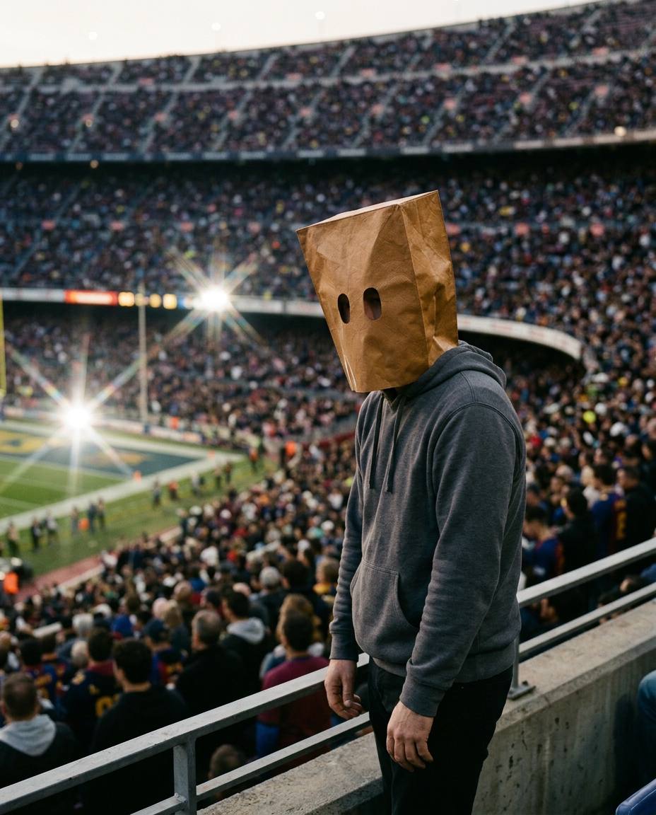 Disappointed football fan wearing the ShameFace mask in a packed stadium